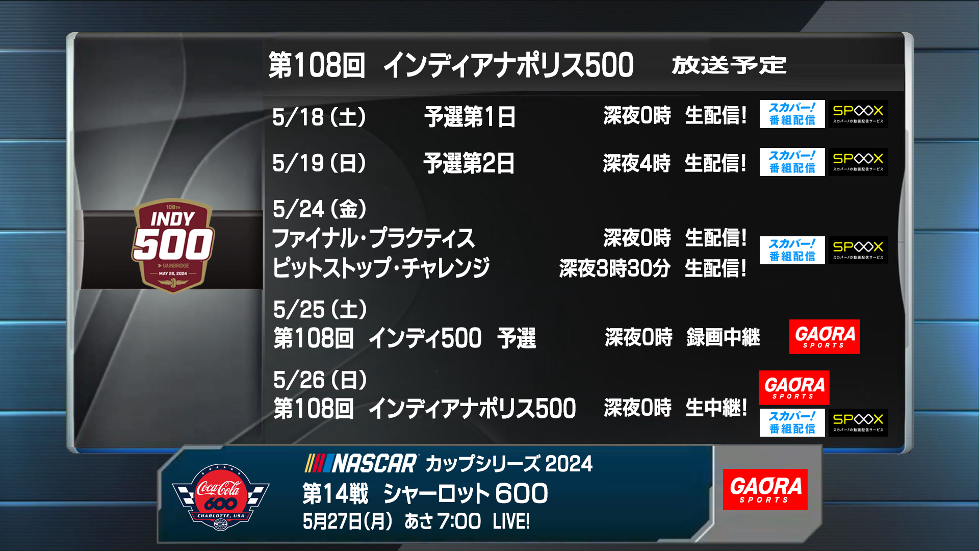 第108回インディ500 5月の放送予定 - こちら GAORA SPORTS インディカー 実況室 インディカー・シリーズ